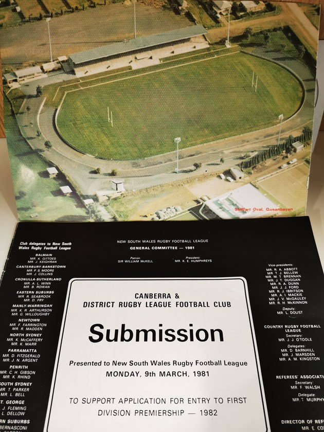 A copy of the original submission document which was presented in March 1981 to the NSWRL to help get Canberra into the competition. 