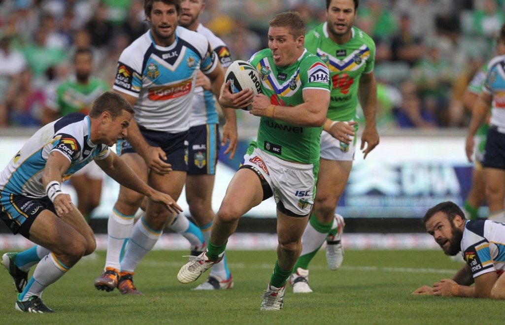 Photo by Colin Whelan copyright © nrlphotos.com :    Glen Buttriss cuts through    NRL Rugby League, Telstra Cup Round 3 Canberra Raiders v Gold Coast Titans at Canberra Stadium, Friday March 23rd  2014.