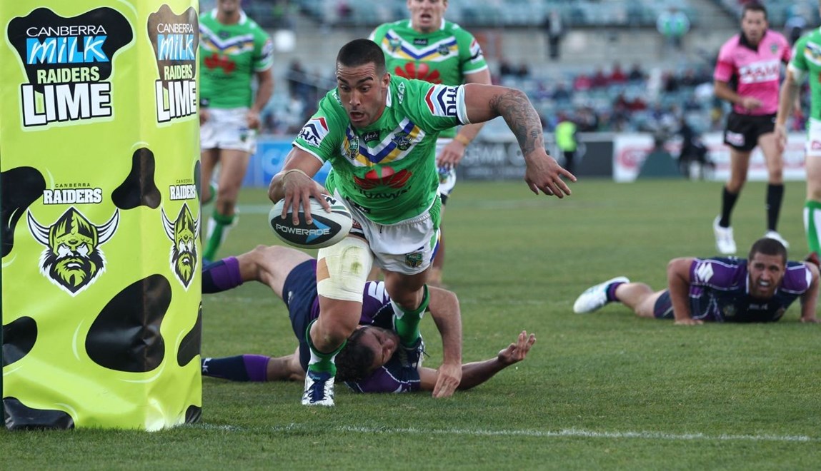 Photo by Colin Whelan copyright © nrlphotos.com :   Paul Vaughan scores the winning try     NRL Rugby League, Telstra Cup Round 7 Canberra Raiders v Melbourne Storm at Canberra, Sunday, April 20th  2014.