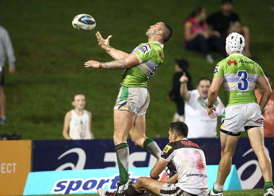 Photo by Colin Whelan copyright © nrlphotos.com :   Paul Vaughan celebrates his try for the Raiders     NRL Rugby League, Telstra Cup Round 5 Penrith Panthers v Canberra Raiders at Penrith, Saturday April 5th  2014.