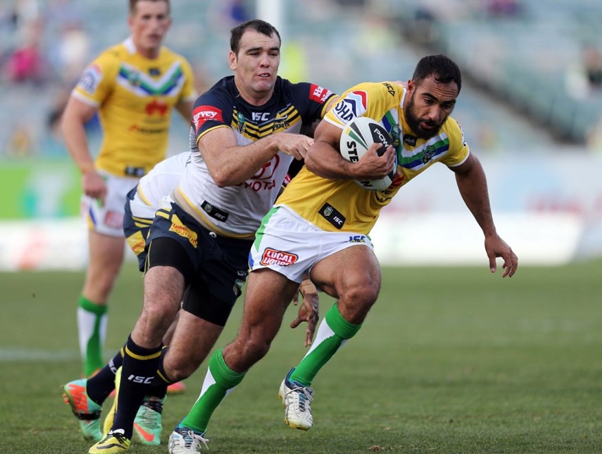 Digital Image Grant Trouville Â© nrlphotos.com : Reece Robinson attacks : NRL Rugby League Round Canberra Raiders v North Queensland Cowboys at GIO Stadium Canberra Sunday the 25th of May 2014.