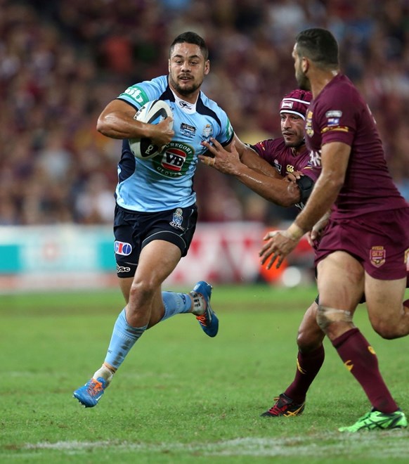 Digital Image Grant Trouville Â© nrlphotos.com : Jarryd Hayne attacks : State of Origin Rugby League, 100th match GAME 1 - NSW V QLD, at Suncorp Stadium Brisabane, Wednesday 28th May 2014.