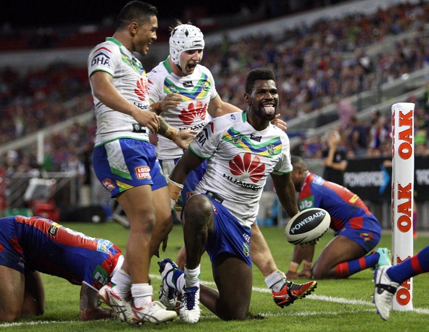 Digital Image by Robb Cox Â© nrlphotos.com : Edrick Lee scores in the dying seconds of the match : NRL Rugby League - Round 2 - Newcastle Knights V Canberra Raiders at Hunter Stadium, Sunday the 16th of March 2014.