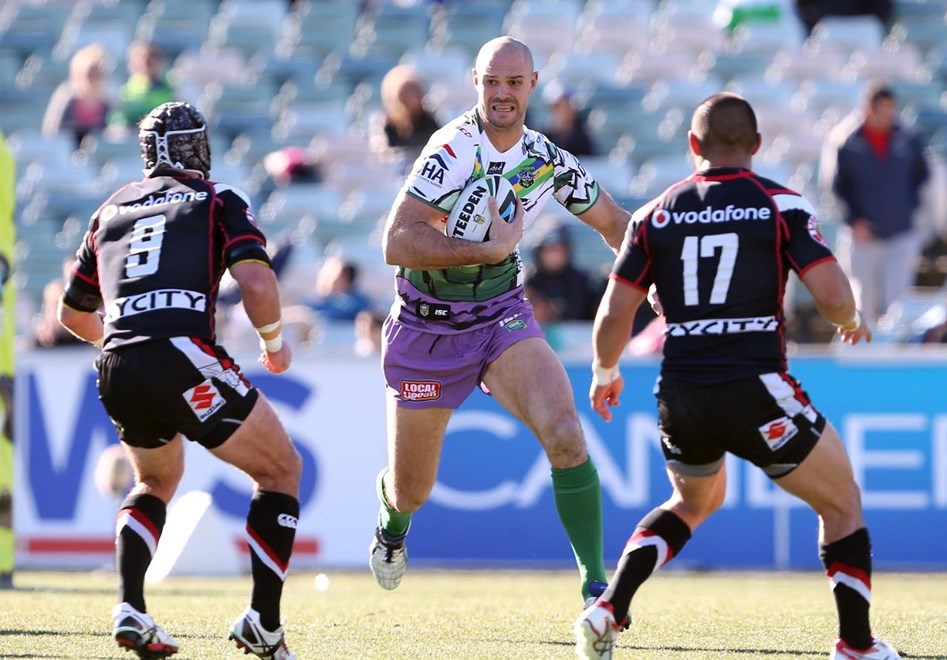 Digital Image by Robb Cox Â©nrlphotos.com: Dane Tilse :NRL Rugby League - Round 21, Canberra Raiders V Warriors at GIO Stadium, Canberra. Sunday August 3rd 2014.