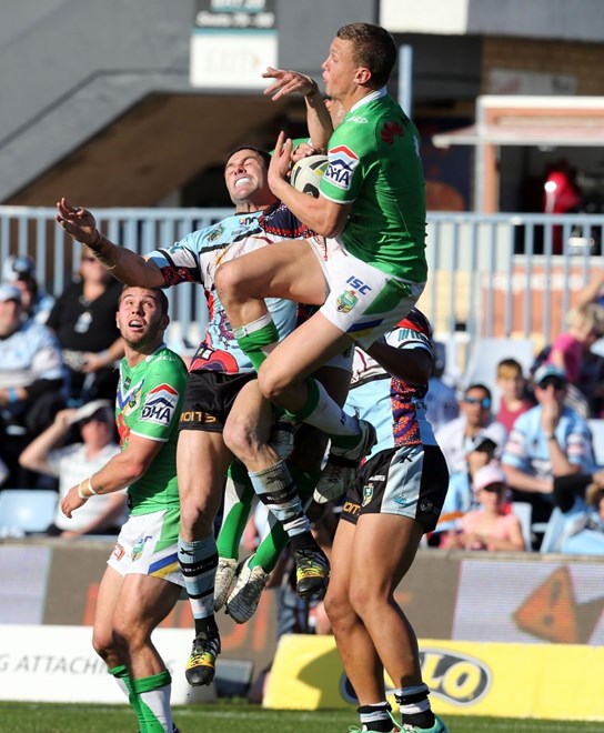 Digital Image Grant Trouville  Â© nrlphotos.com : Jack Wighton leaps : NRL Rugby League Round 24 - Cronulla Sharks v Canberra Raiders at Remondis Stadium Sunday the 24th of August 2014.