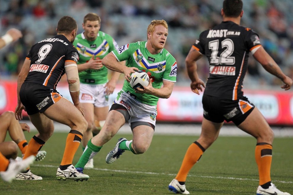 Photo by Jonathan Ng copyright nrlphotos.com : Joel Edwards during NRL Rugby League, Round 25 Canberra Raiders v Wests Tigers at GIO Stadium, Saturday 30th of August 2014.