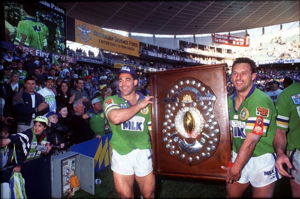 Mal Meninga and Laurie Daley - Canberra Raiders after the 1994 NSWRL Grand Final. Photographed on colour trans by Action Photographics @ 1994 