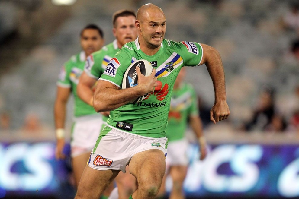 Photo by Jonathan Ng copyright nrlphotos.com : Dane Tilse running the ball during NRL Rugby League, Round 25 Canberra Raiders v Wests Tigers at GIO Stadium, Saturday 30th of August 2014.