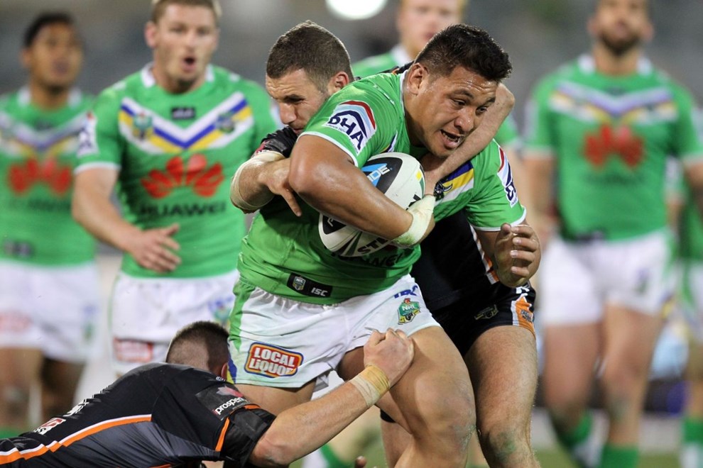 Photo by Jonathan Ng copyright nrlphotos.com : Josh Papalii hitting the ball up during NRL Rugby League, Round 25 Canberra Raiders v Wests Tigers at GIO Stadium, Saturday 30th of August 2014.