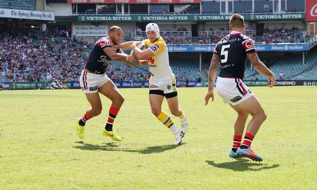 Jarrod Croker attacks :Digital Image by Grant Trouvile Â© NRLphotos  : 2015 NRL Round 4 - Sydney Roosters v Canberra Raiders at Allianz Stadium Sunday the 29th of March 2015.