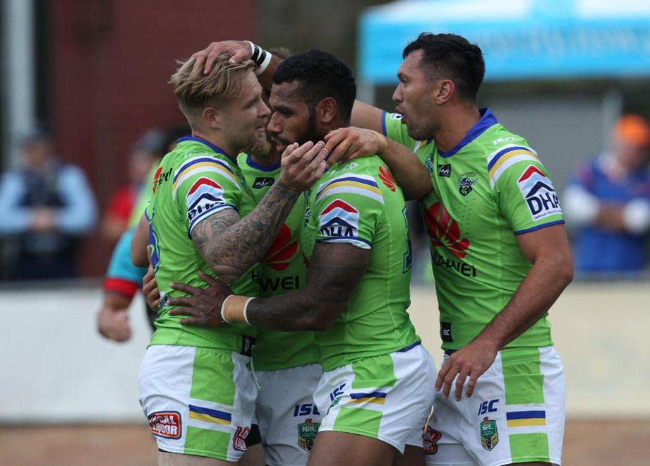 :	Digital Image by Colin Whelan copyright © nriphotos.     Raiders celebrate the try to Sisa Waqa middle                    NRL Rugby League, Manly Warringah Sea Eagles v Canberra Raiders at Lavington Sports Ground, Saturday April 4th 2015.
