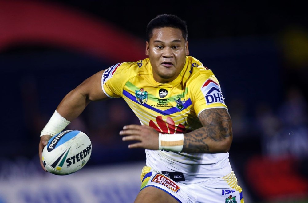 Raiders Joseph Leilua in action:           NRL Rugby League, Round 16, NZ Warriors v Canberra Raiders at Mt Smart, Saturday 27th June 2015. Digital image by Shane Wenzlick, copyright nrlphotos.com