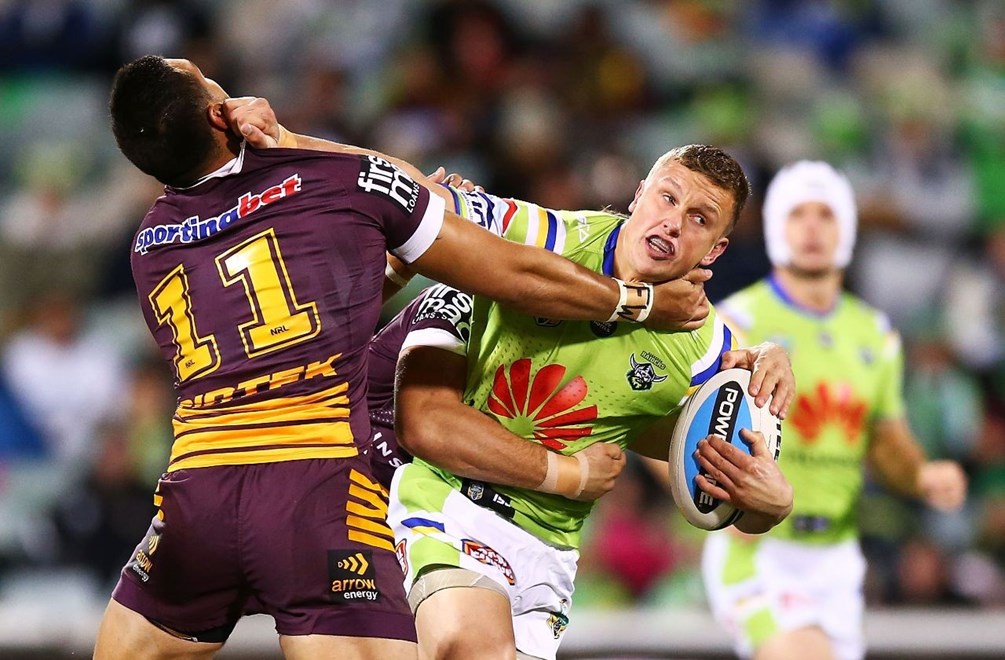 Jack Wighton of Raiders is tackled during the round 12 NRL match between the Canberra Raiders and the Brisbane Broncos at GIO Stadium on May 30, 2015 in Canberra, Australia. Digital Image by Mark Nolan.