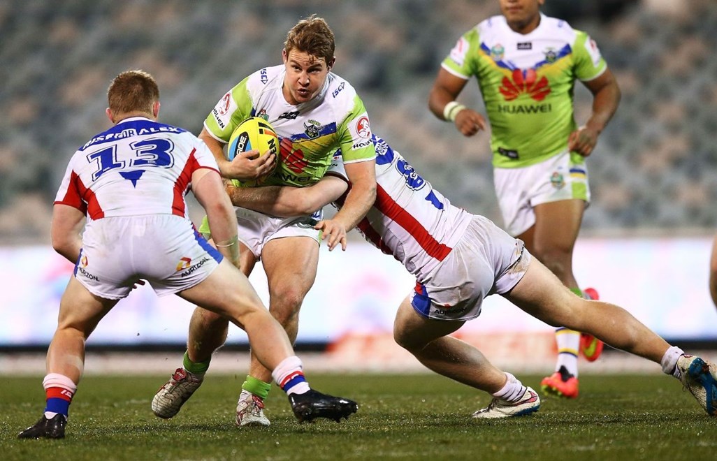 during the ROUND 18 NYC match between the Canberra Raiders and the Newcastle Knights at GIO Stadium on July 10, 2015 in Canberra, Australia. Digital Image by Mark Nolan.