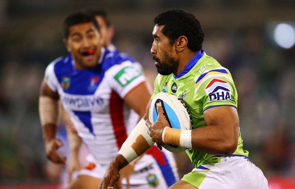 Iosia Soliola of the Raiders during the Round 18 NRL match between the Canberra Raiders and the Newcastle Knights at GIO Stadium on July 10, 2015 in Canberra, Australia. Digital Image by Mark Nolan.