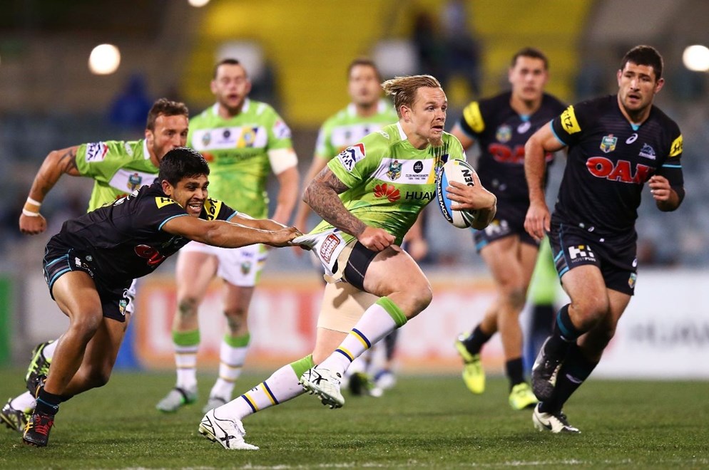 Blake Austin of the Raiders during the Round 25 NRL match between the Canberra Raiders and the Penrith Panthers at GIO Stadium on August 31, 2015 in Canberra, Australia. Digital Image by Mark Nolan.