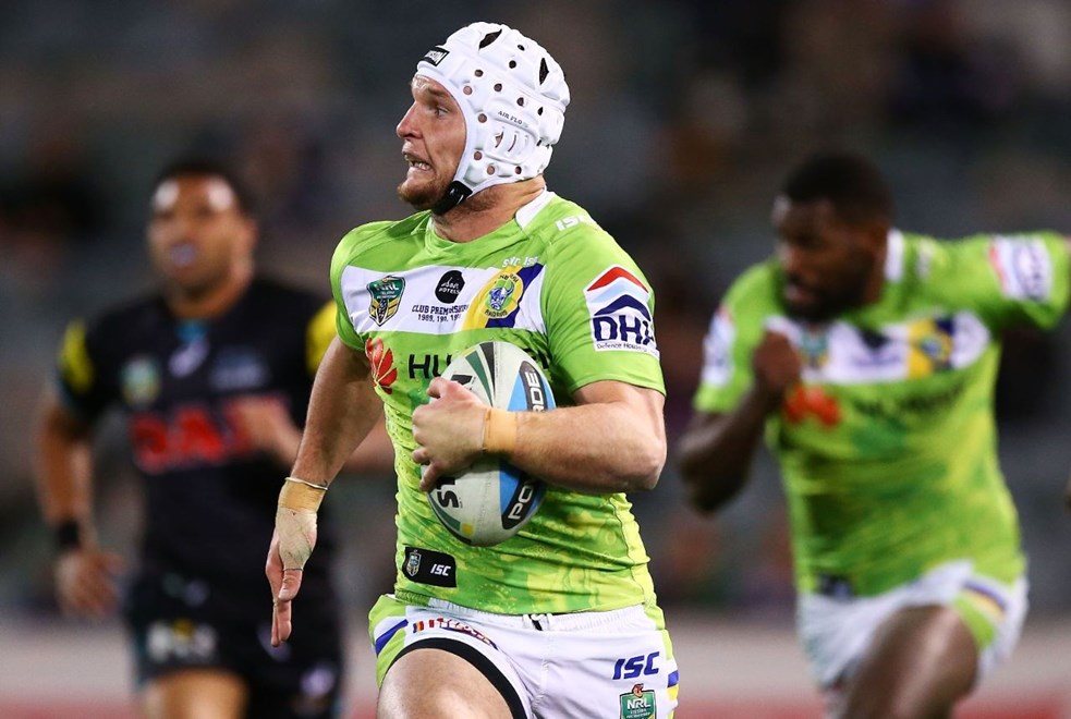 Jarrod Croker of the Raiders during the Round 25 NRL match between the Canberra Raiders and the Penrith Panthers at GIO Stadium on August 31, 2015 in Canberra, Australia. Digital Image by Mark Nolan.