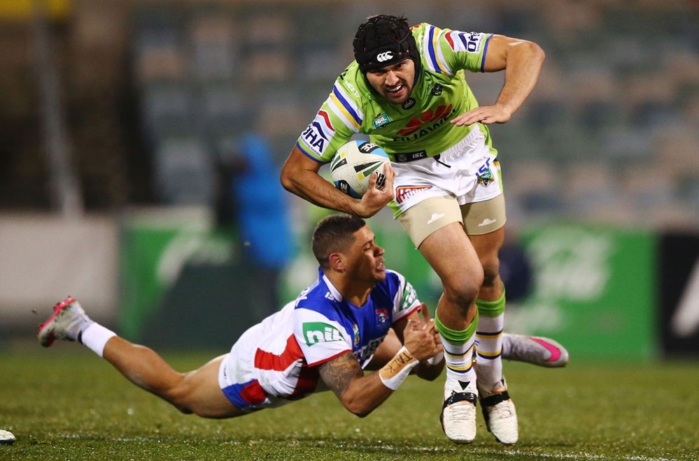Jordan Rapana of the Raiders during the Round 18 NRL match between the Canberra Raiders and the Newcastle Knights at GIO Stadium on July 10, 2015 in Canberra, Australia. Digital Image by Mark Nolan.