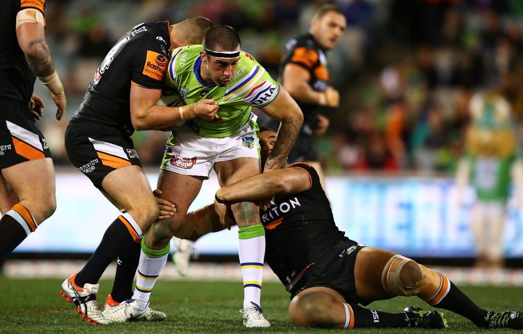 Paul Vaughan of the Raiders during the Round 22 NRL match between the Canberra Raiders and Wests Tigers at GIO Stadium on August 10, 2015 in Canberra, Australia. Digital Image by Mark Nolan.