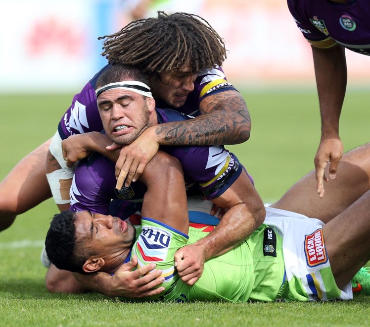 Iosia Soliola and Dale Funicane : Digital Image Grant Trouville  Â© nrlphotos : NRL Rugby League - Round 6 : Canberra Raiders v Melbourne Storm at Canberra Stadium Sunday April 12th 2015.