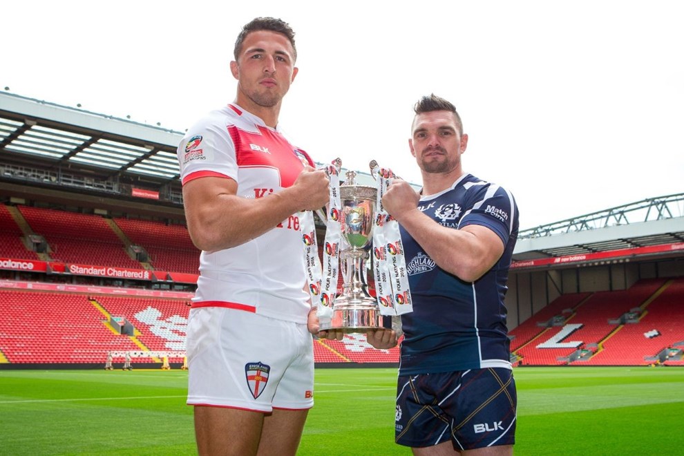 Picture by Alex Whitehead/SWpix.com - 24/10/16 - Rugby League - 2016 Ladbrokes Four Nations Launch - Anfield, Liverpool, England - England's Sam Burgess and Scotland's Danny Brough.