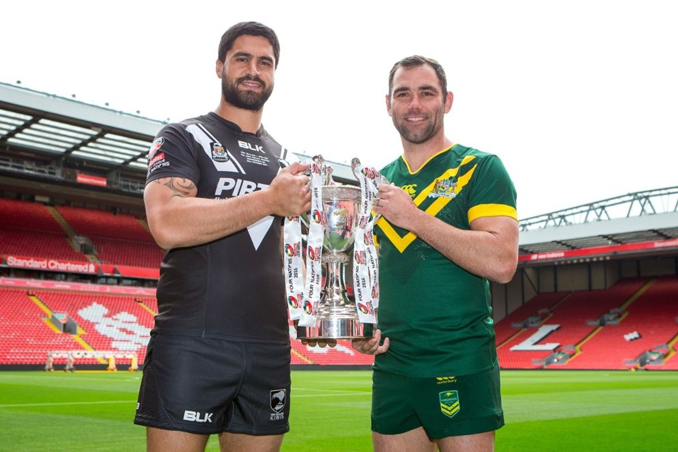 Picture by Alex Whitehead/SWpix.com - 24/10/16 - Rugby League - 2016 Ladbrokes Four Nations Launch - Anfield, Liverpool, England - New Zealand's Jesse Bromwich and Australia's Cameron Smith.