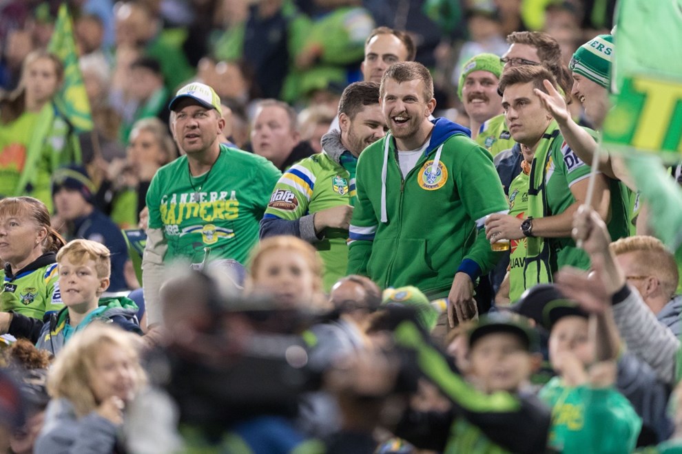 Raiders fans in the crowd - 21 APRIL 2017 - Australian National Rugby League (NRL) Round 8 - Canberra Raiders vs Manly Warringah sea Eagles. Match was played on a Friday evening at GIO Stadium