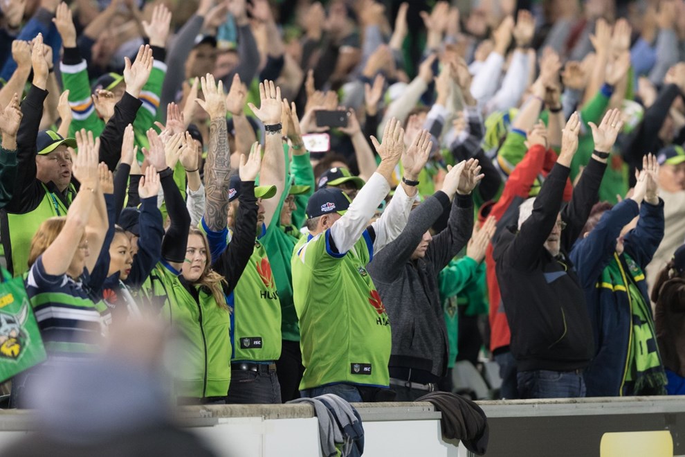 The Viking Clap - 21 APRIL 2017 - Australian National Rugby League (NRL) Round 8 - Canberra Raiders vs Manly Warringah sea Eagles. Match was played on a Friday evening at GIO Stadium