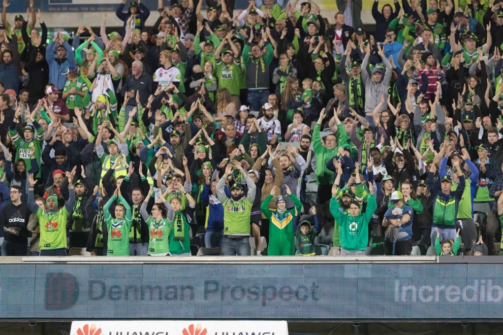 The Viking Clap - 21 APRIL 2017 - Australian National Rugby League (NRL) Round 8 - Canberra Raiders vs Manly Warringah sea Eagles. Match was played on a Friday evening at GIO Stadium