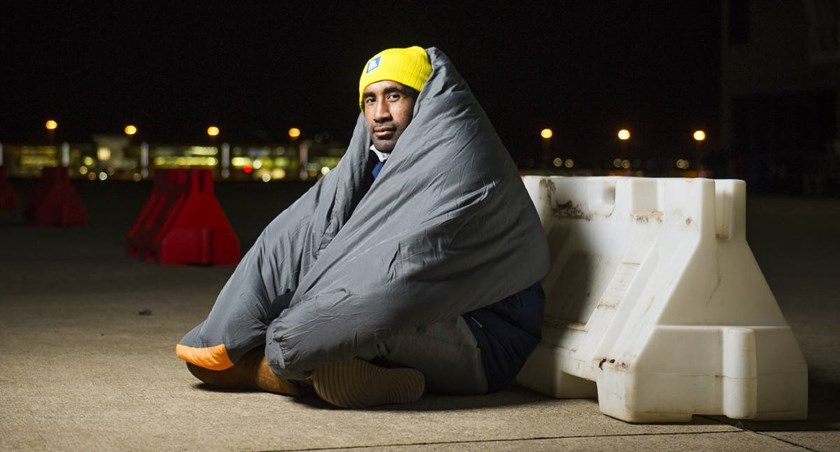 Sia Soliola takes part in the Vinnies CEO Sleepout.
