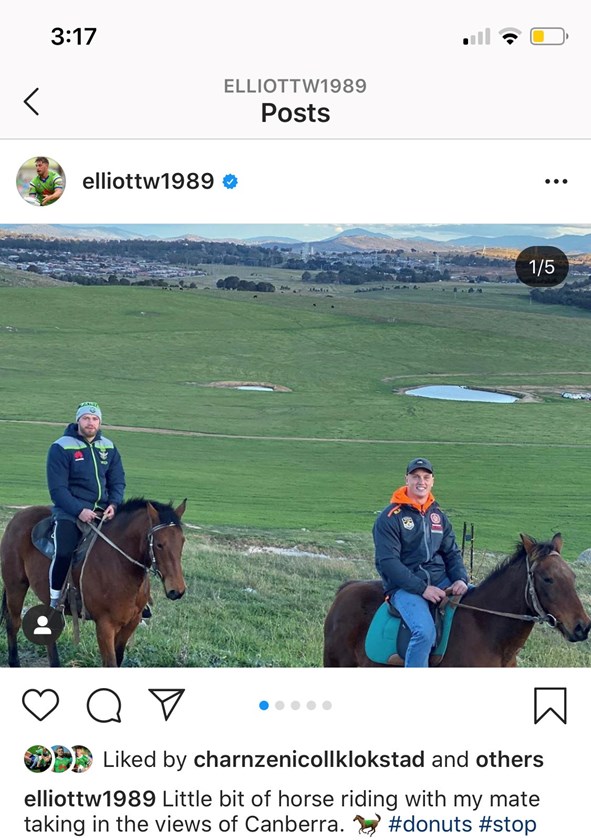 Elliott Whitehead and Jack Wighton horseriding on the outskirts of Canberra.