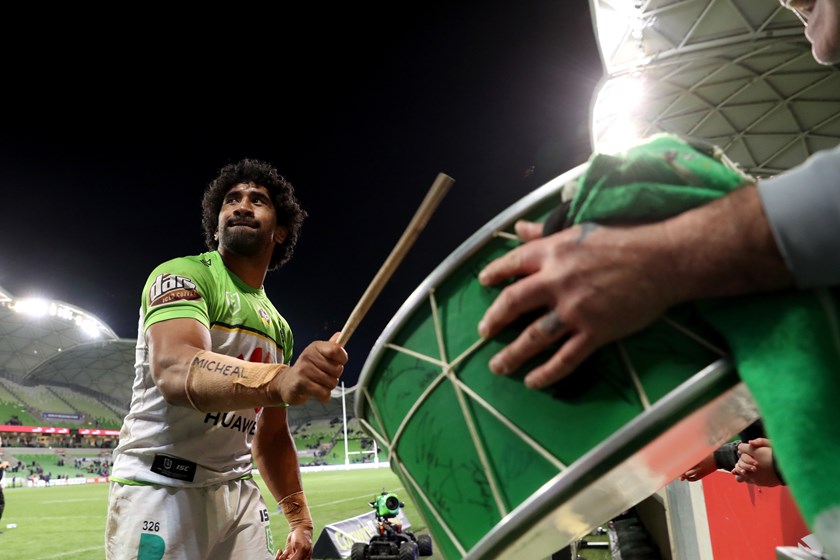 Soliola leading the Viking Clap after a win in Melbourne 2019