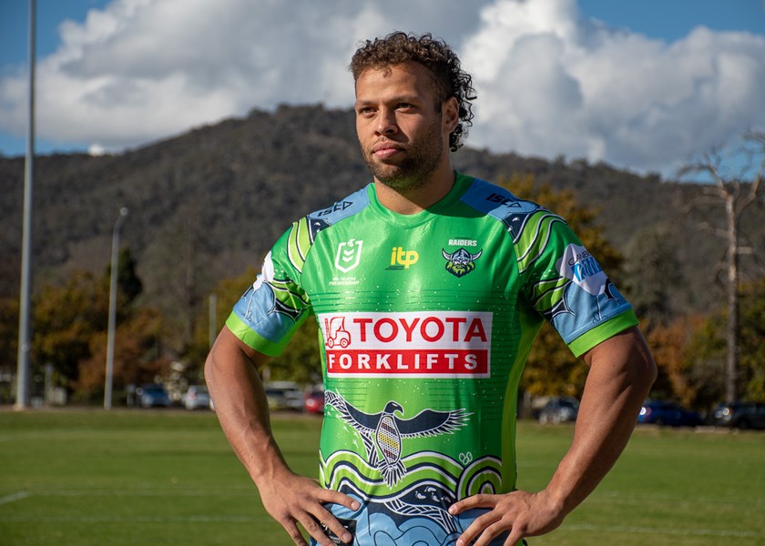 Sebastian Kris in the 2021 Indigenous Jersey which featured the Toyota Forklifts logo. 