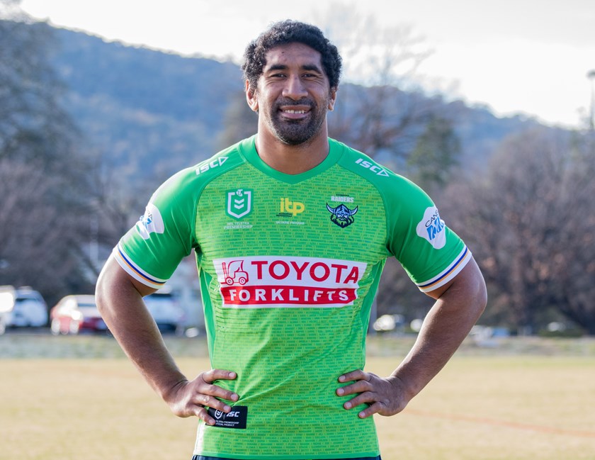 Sia Soliola in the 2021 Women in League Jersey which featured the Toyota Forklifts logo. 